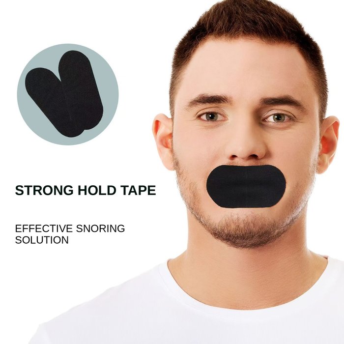 Mouth Tape applied on a bearded man, strong hold all night